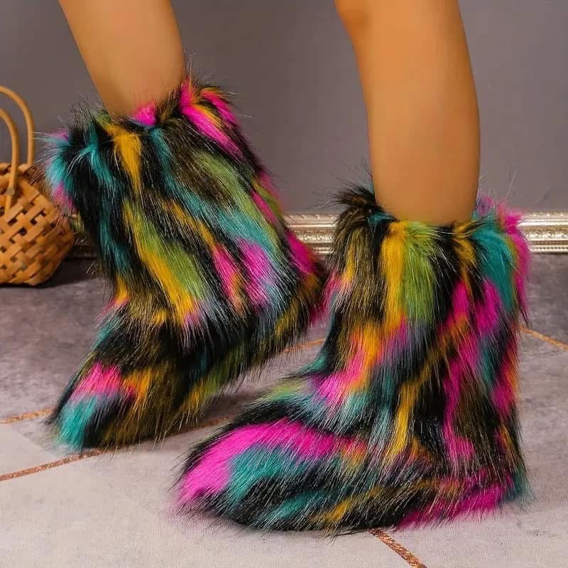 Rainbow faux fur snow boots