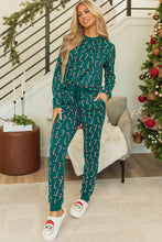 Load image into Gallery viewer, Candy Cane Print Round Neck Top and Pants Lounge Set
