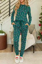 Load image into Gallery viewer, Candy Cane Print Round Neck Top and Pants Lounge Set
