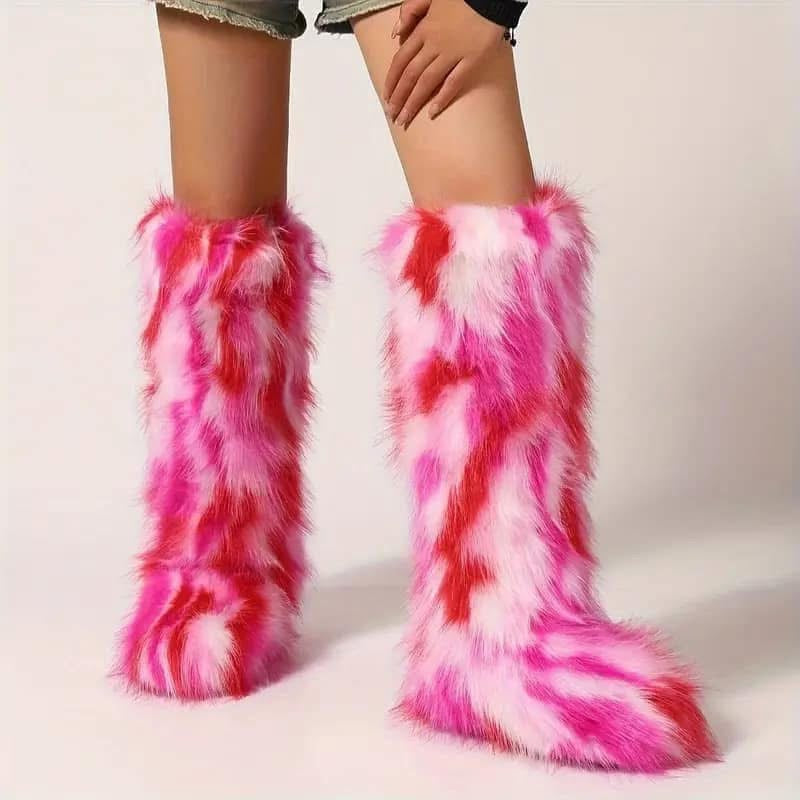 Pink/red faux fur boots