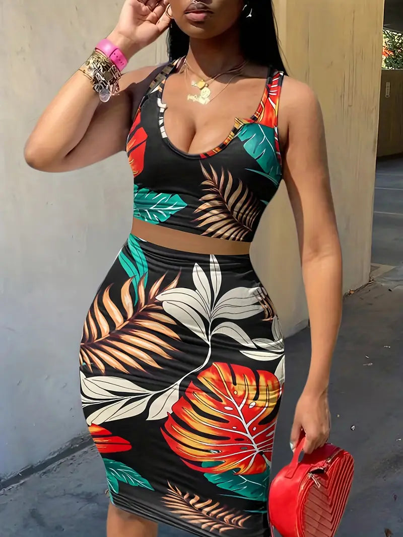 Leaf Print Skirt Set